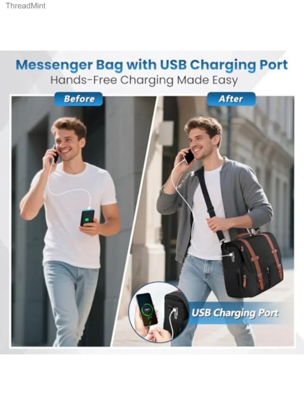 MATEIN Messenger Bag with USB Charging Port, 15.6 inch Laptop Bag